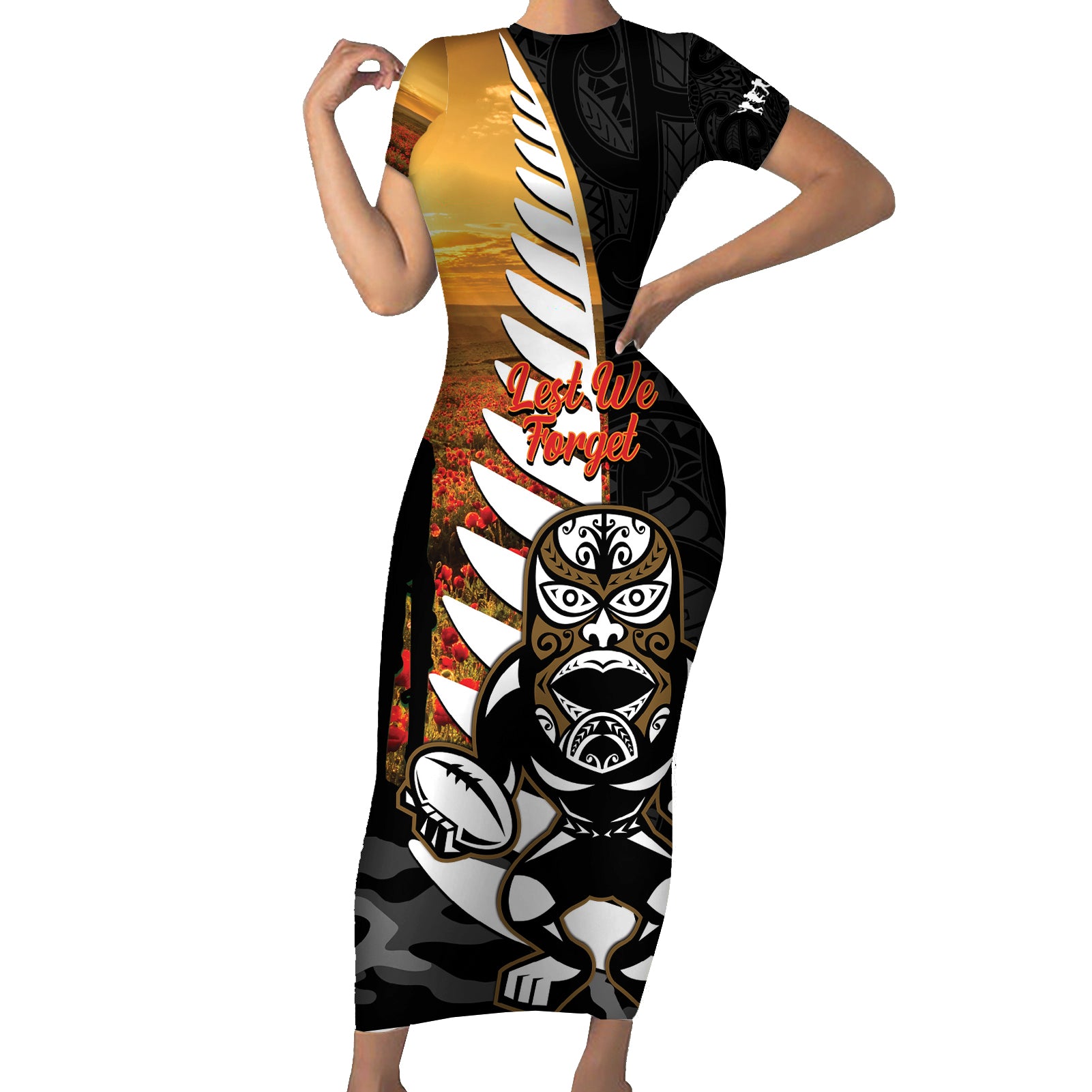 Custom New Zealand Silver Fern Rugby ANZAC Day Family Matching Short Sleeve Bodycon Dress and Hawaiian Shirt 2024 All Black Tiki Mascot