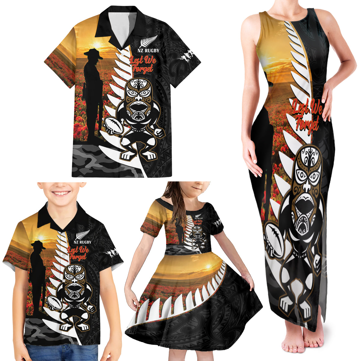 Custom New Zealand Silver Fern Rugby ANZAC Day Family Matching Tank Maxi Dress and Hawaiian Shirt 2024 All Black Tiki Mascot