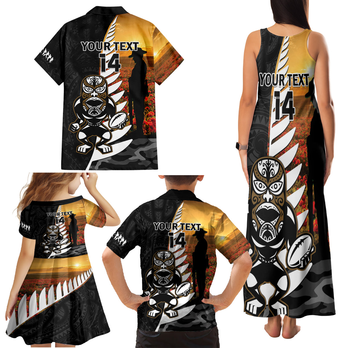 Custom New Zealand Silver Fern Rugby ANZAC Day Family Matching Tank Maxi Dress and Hawaiian Shirt 2024 All Black Tiki Mascot