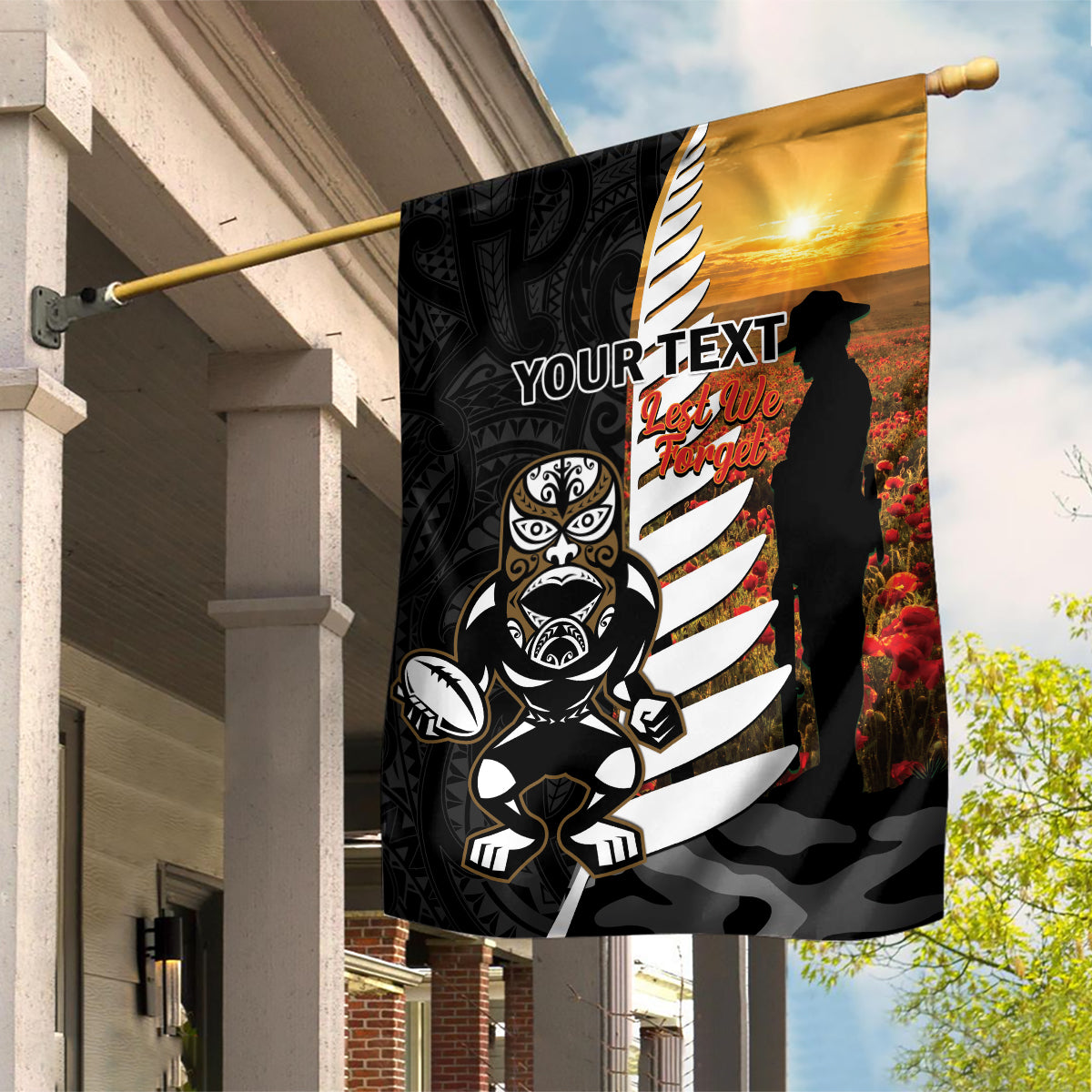 Custom New Zealand Silver Fern Rugby ANZAC Day Garden Flag 2024 All Black Tiki Mascot - Vibe Hoodie Shop