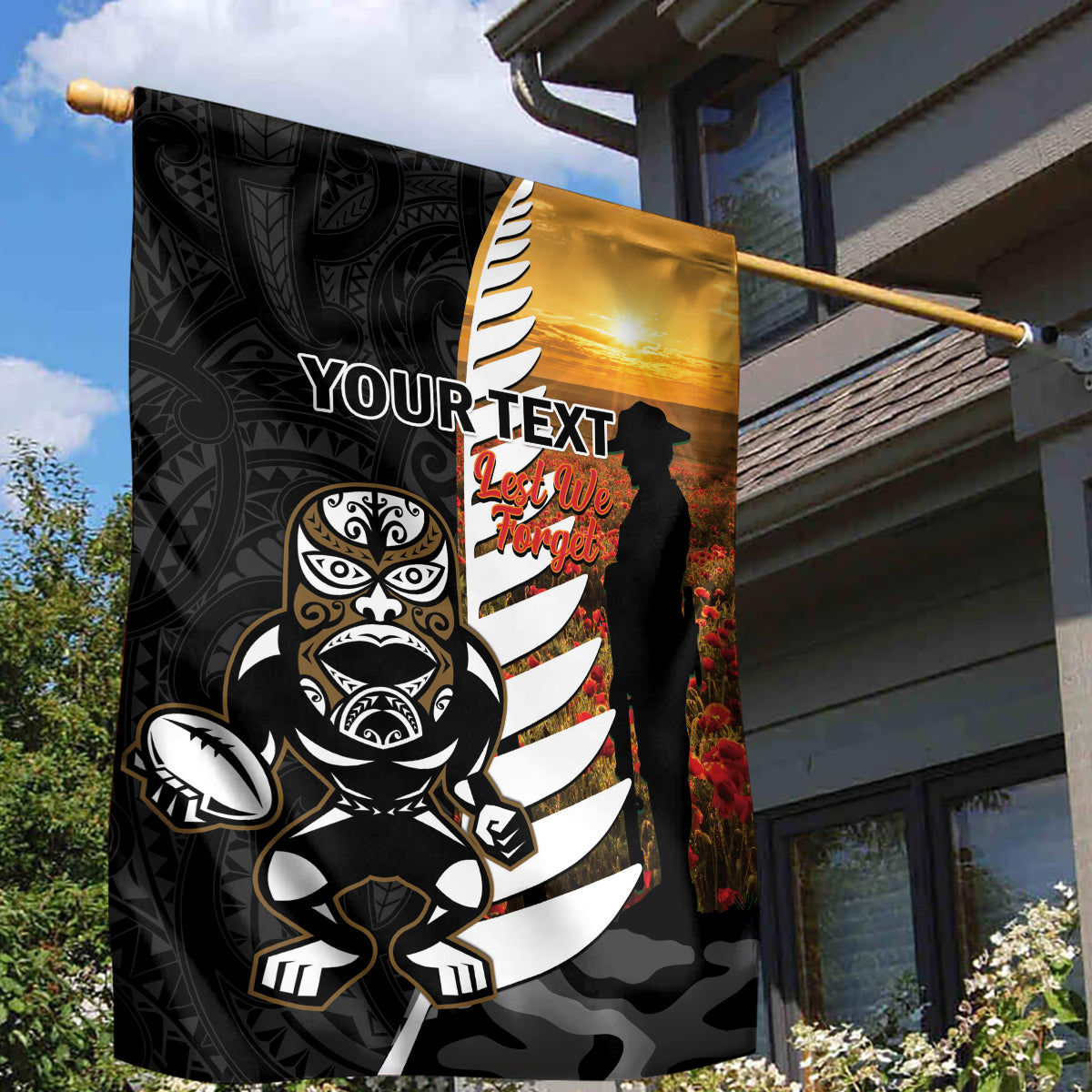 Custom New Zealand Silver Fern Rugby ANZAC Day Garden Flag 2024 All Black Tiki Mascot - Vibe Hoodie Shop