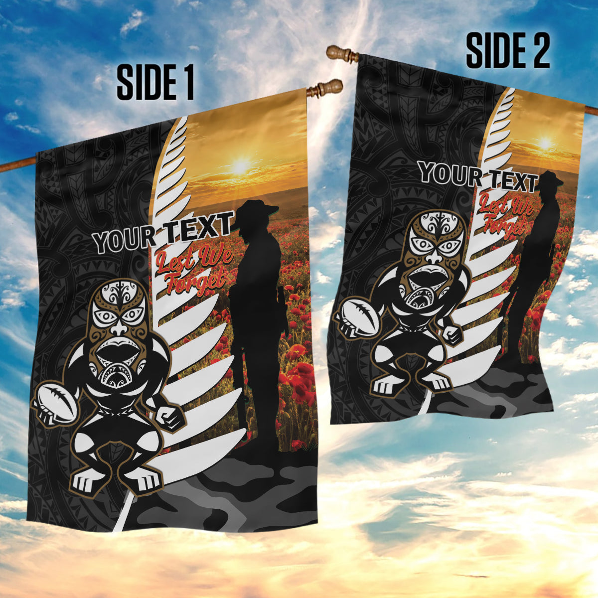 Custom New Zealand Silver Fern Rugby ANZAC Day Garden Flag 2024 All Black Tiki Mascot - Vibe Hoodie Shop