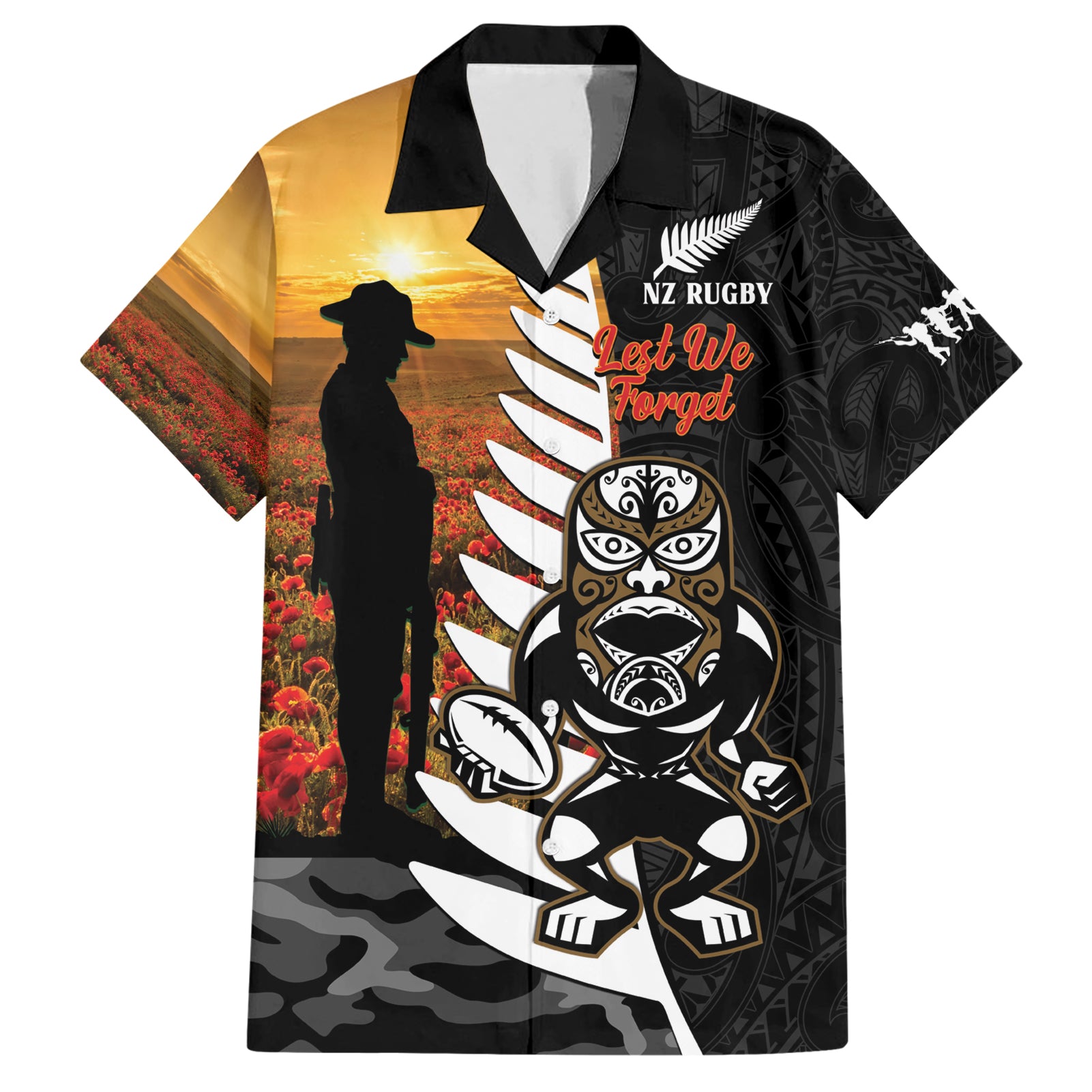 Custom New Zealand Silver Fern Rugby ANZAC Day Hawaiian Shirt 2024 All Black Tiki Mascot - Vibe Hoodie Shop