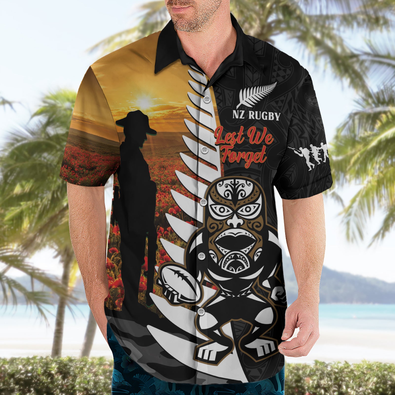 Custom New Zealand Silver Fern Rugby ANZAC Day Hawaiian Shirt 2024 All Black Tiki Mascot - Vibe Hoodie Shop