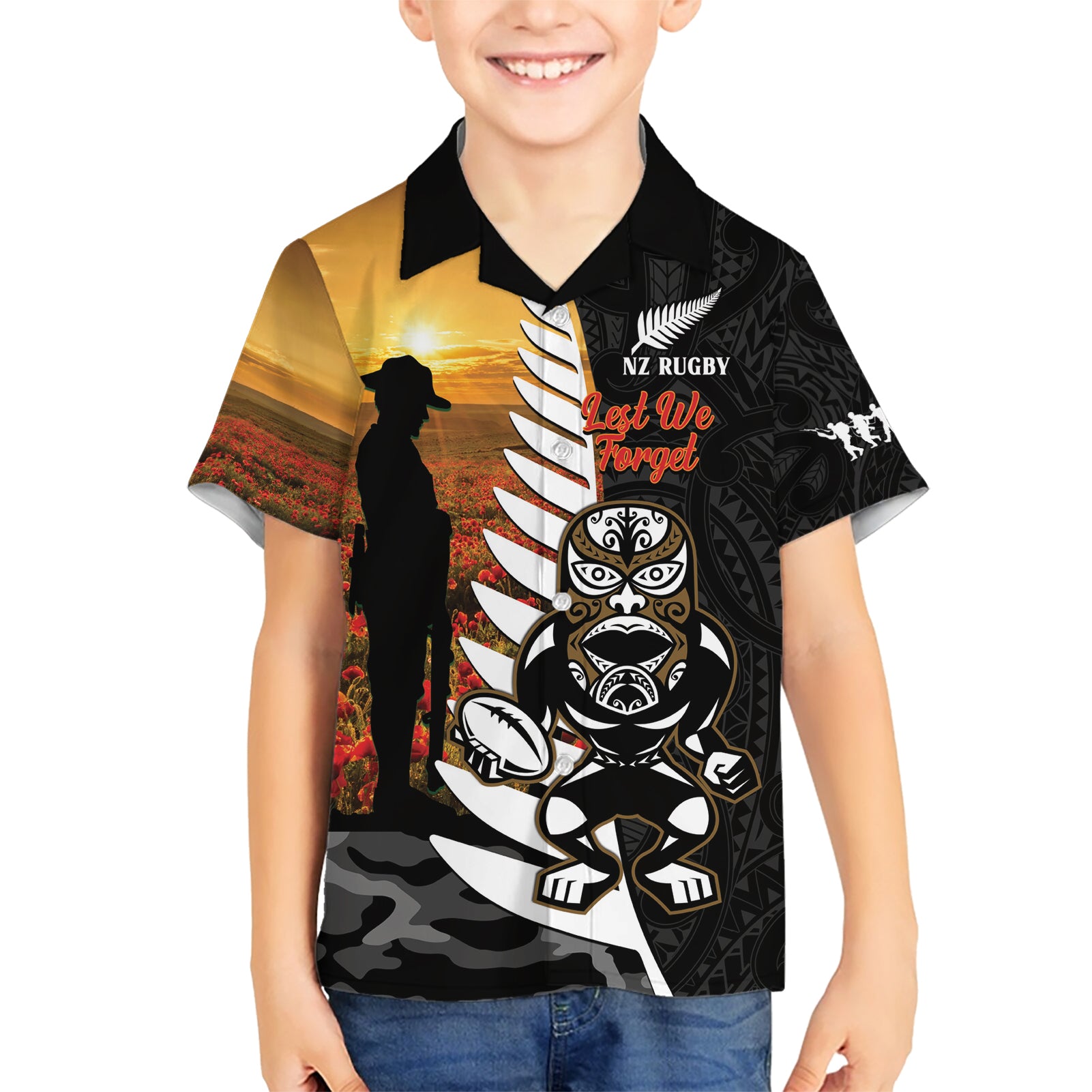 Custom New Zealand Silver Fern Rugby ANZAC Day Kid Hawaiian Shirt 2024 All Black Tiki Mascot