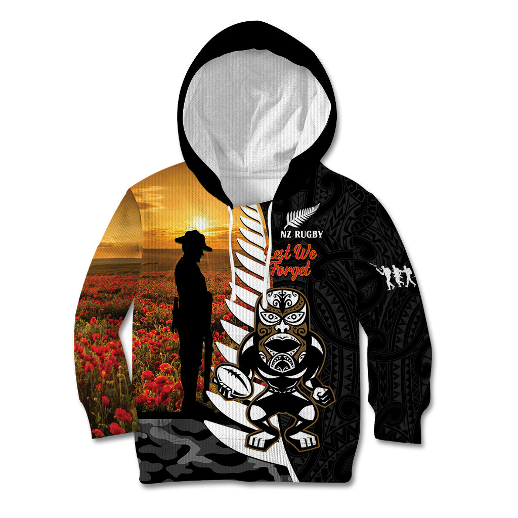 Custom New Zealand Silver Fern Rugby ANZAC Day Kid Hoodie 2024 All Black Tiki Mascot - Vibe Hoodie Shop