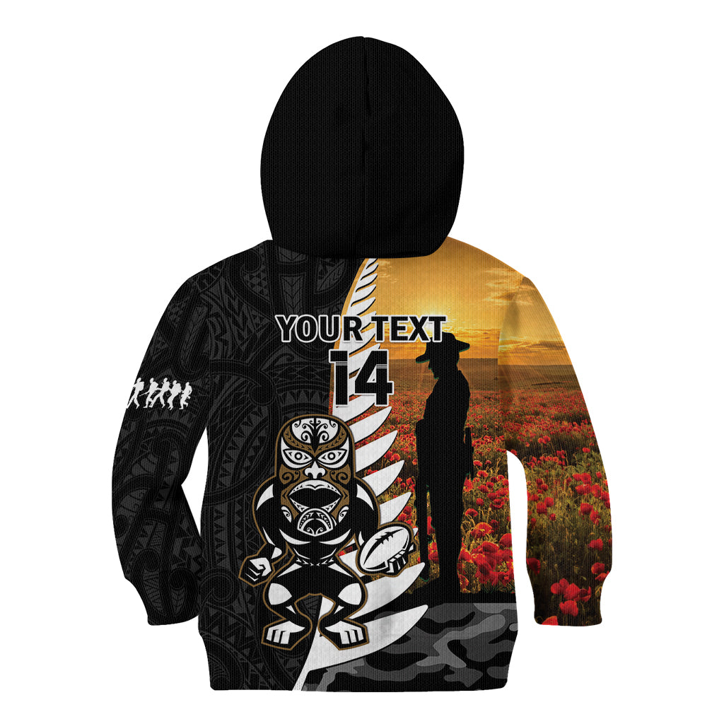 Custom New Zealand Silver Fern Rugby ANZAC Day Kid Hoodie 2024 All Black Tiki Mascot - Vibe Hoodie Shop