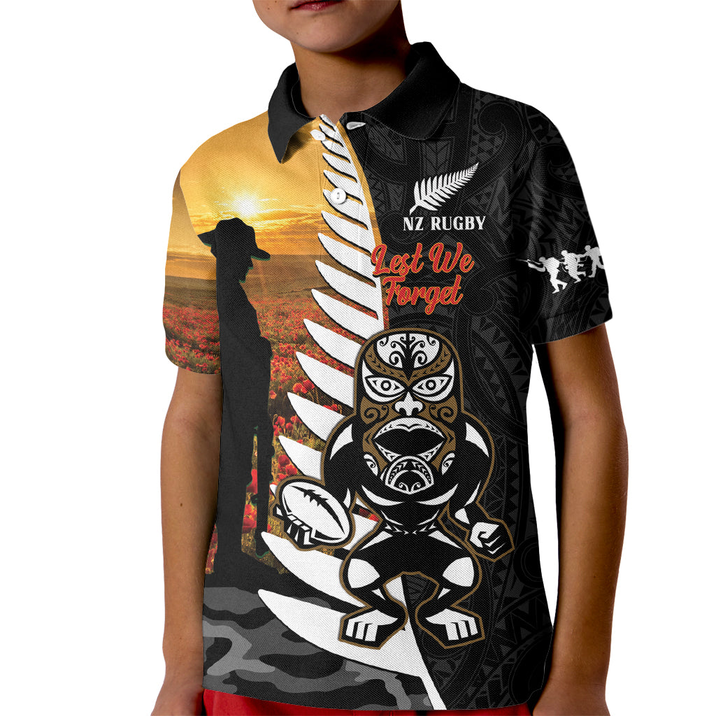 Custom New Zealand Silver Fern Rugby ANZAC Day Kid Polo Shirt 2024 All Black Tiki Mascot - Vibe Hoodie Shop