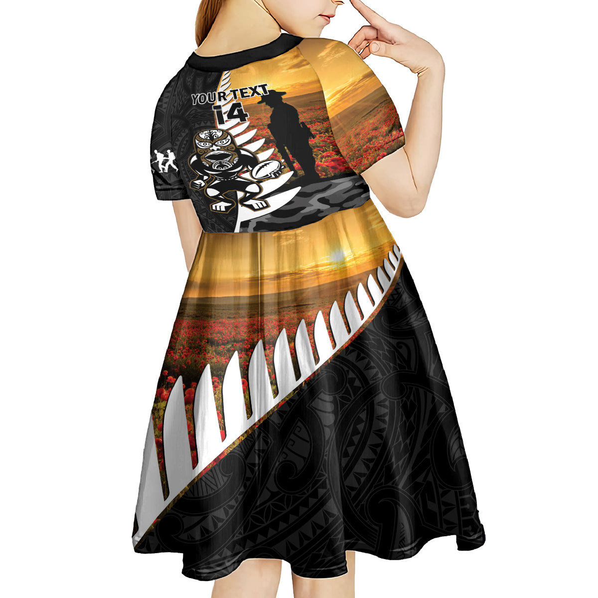 Custom New Zealand Silver Fern Rugby ANZAC Day Kid Short Sleeve Dress 2024 All Black Tiki Mascot - Vibe Hoodie Shop