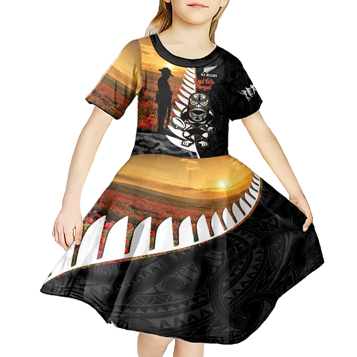Custom New Zealand Silver Fern Rugby ANZAC Day Kid Short Sleeve Dress 2024 All Black Tiki Mascot - Vibe Hoodie Shop