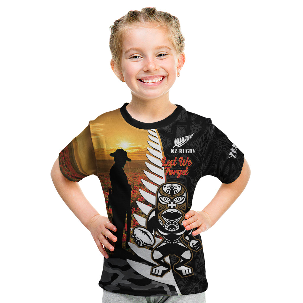 Custom New Zealand Silver Fern Rugby ANZAC Day Kid T Shirt 2024 All Black Tiki Mascot - Vibe Hoodie Shop