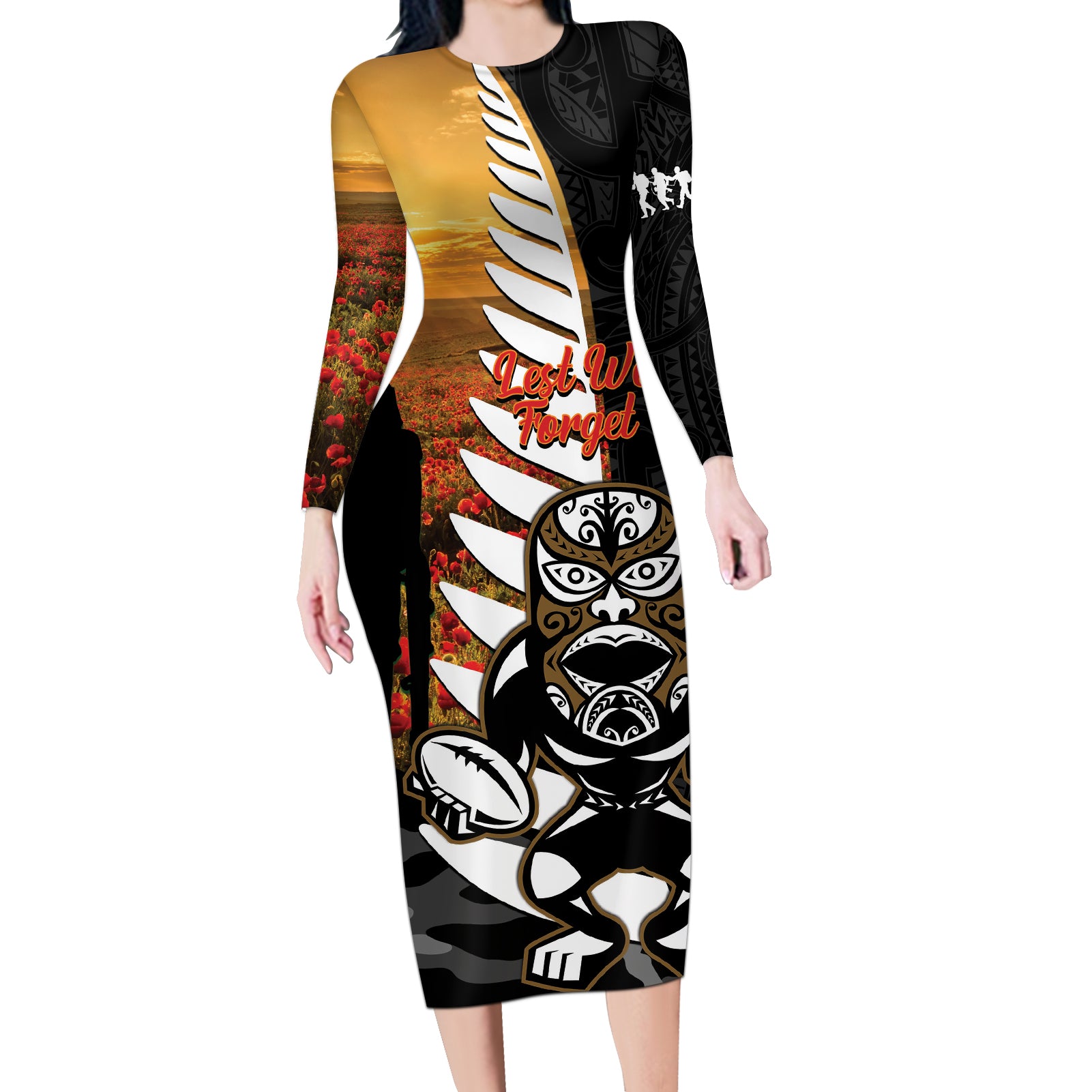 Custom New Zealand Silver Fern Rugby ANZAC Day Long Sleeve Bodycon Dress 2024 All Black Tiki Mascot