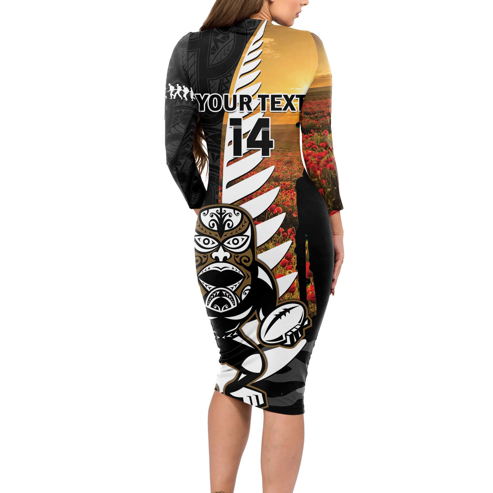 Custom New Zealand Silver Fern Rugby ANZAC Day Long Sleeve Bodycon Dress 2024 All Black Tiki Mascot