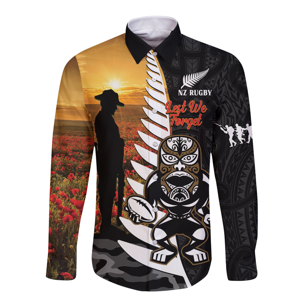 Custom New Zealand Silver Fern Rugby ANZAC Day Long Sleeve Button Shirt 2024 All Black Tiki Mascot - Vibe Hoodie Shop