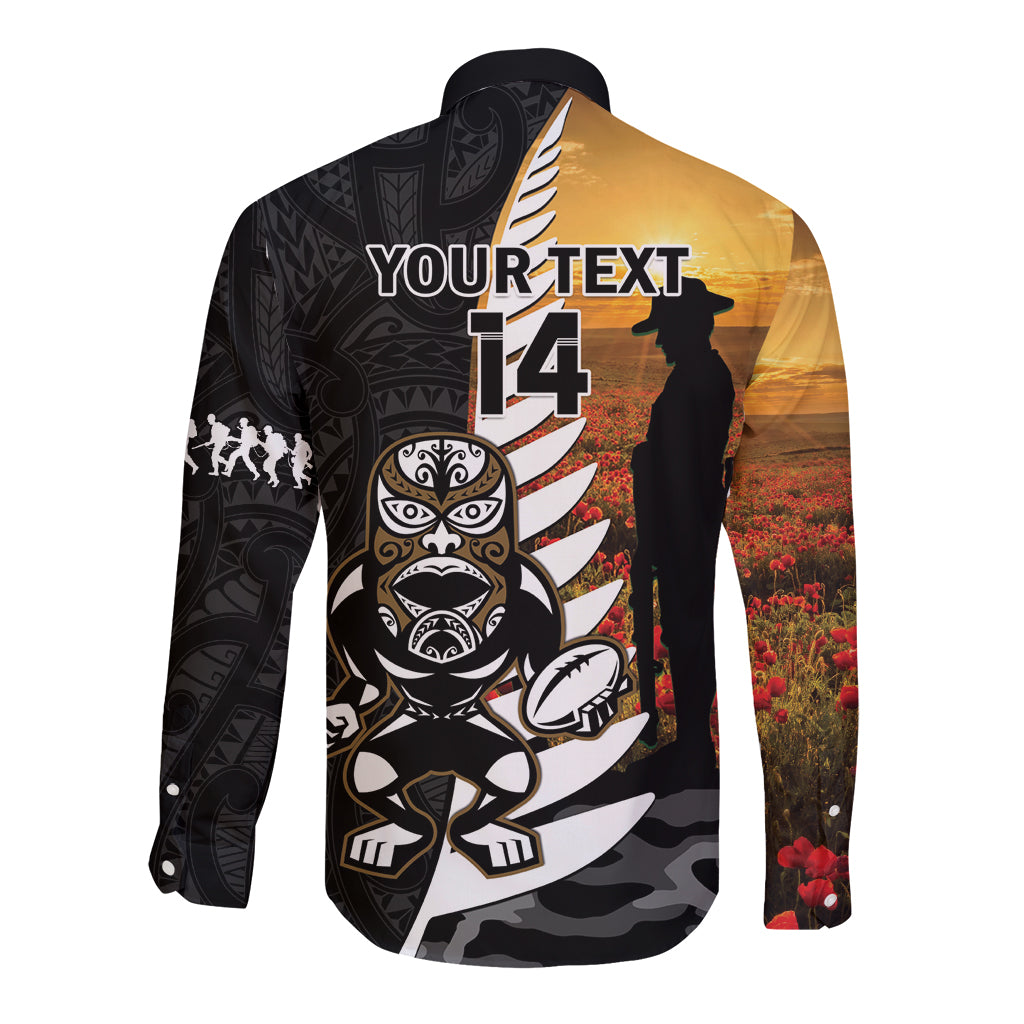 Custom New Zealand Silver Fern Rugby ANZAC Day Long Sleeve Button Shirt 2024 All Black Tiki Mascot - Vibe Hoodie Shop