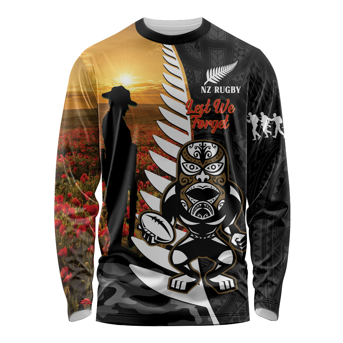 Custom New Zealand Silver Fern Rugby ANZAC Day Long Sleeve Shirt 2024 All Black Tiki Mascot - Vibe Hoodie Shop