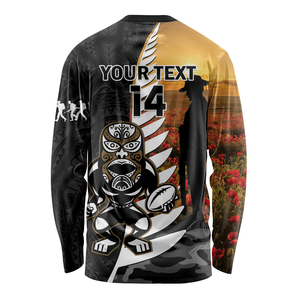 Custom New Zealand Silver Fern Rugby ANZAC Day Long Sleeve Shirt 2024 All Black Tiki Mascot - Vibe Hoodie Shop
