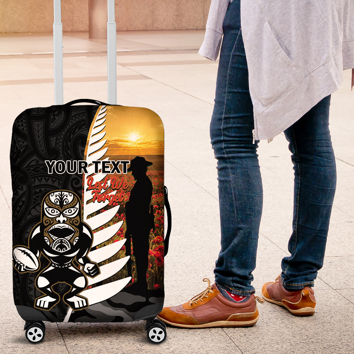 Custom New Zealand Silver Fern Rugby ANZAC Day Luggage Cover 2024 All Black Tiki Mascot - Vibe Hoodie Shop
