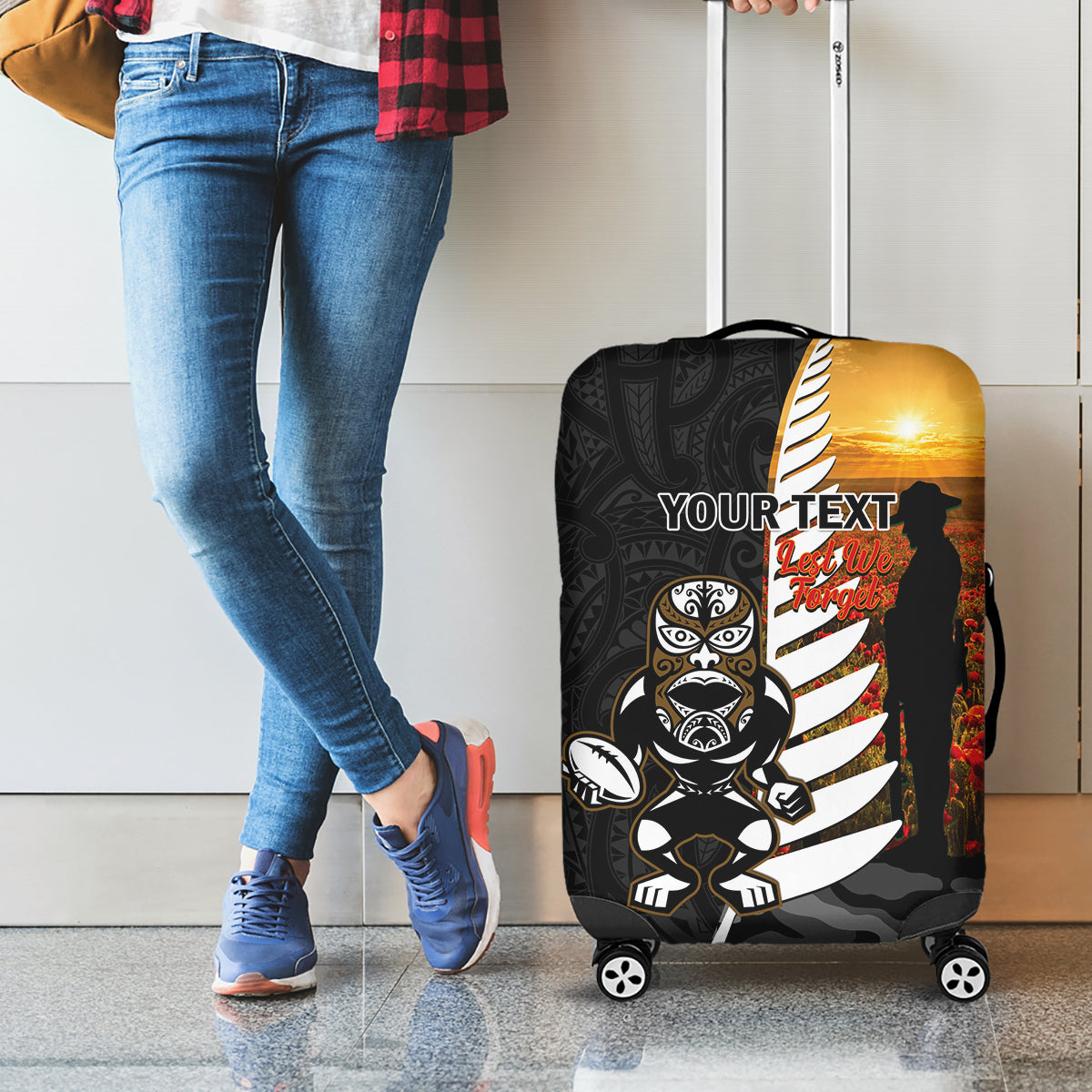 Custom New Zealand Silver Fern Rugby ANZAC Day Luggage Cover 2024 All Black Tiki Mascot - Vibe Hoodie Shop