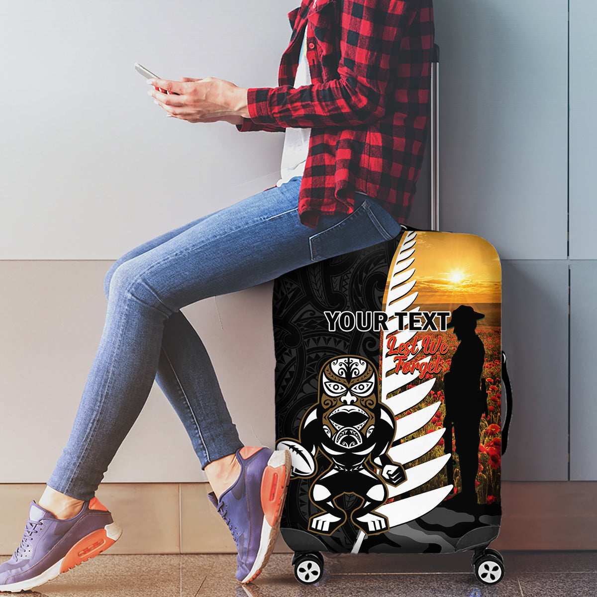 Custom New Zealand Silver Fern Rugby ANZAC Day Luggage Cover 2024 All Black Tiki Mascot - Vibe Hoodie Shop