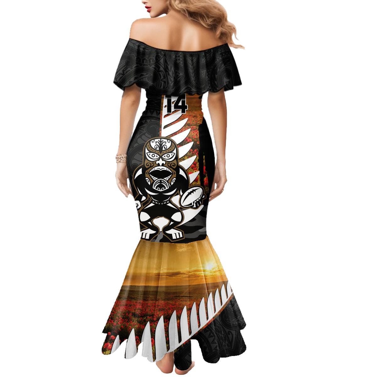 Custom New Zealand Silver Fern Rugby ANZAC Day Mermaid Dress 2024 All Black Tiki Mascot