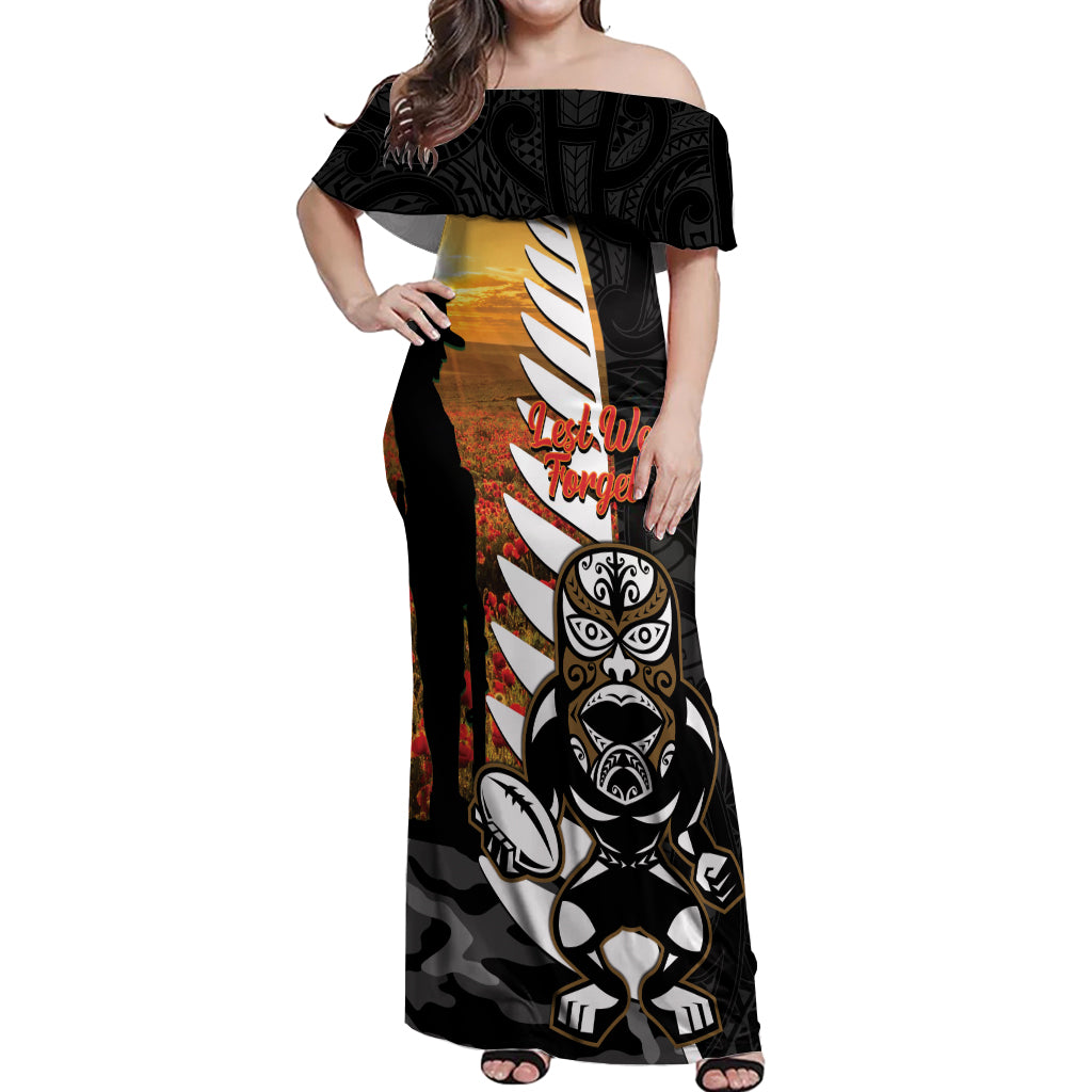 Custom New Zealand Silver Fern Rugby ANZAC Day Off Shoulder Maxi Dress 2024 All Black Tiki Mascot