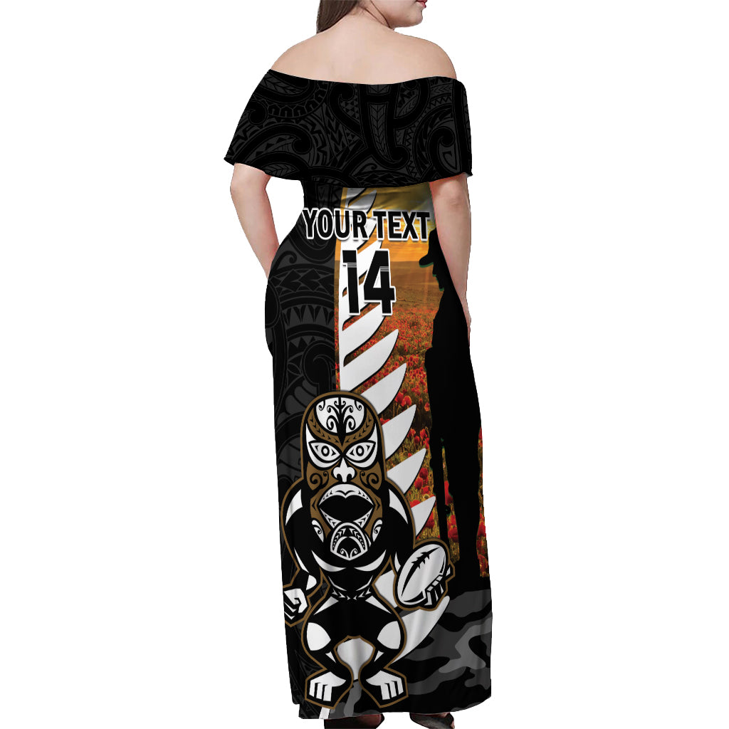 Custom New Zealand Silver Fern Rugby ANZAC Day Off Shoulder Maxi Dress 2024 All Black Tiki Mascot