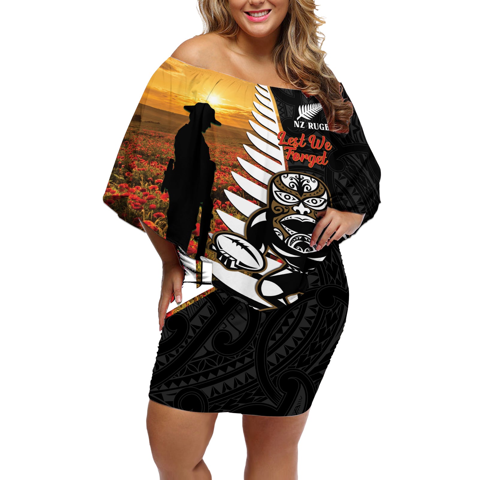 Custom New Zealand Silver Fern Rugby ANZAC Day Off Shoulder Short Dress 2024 All Black Tiki Mascot