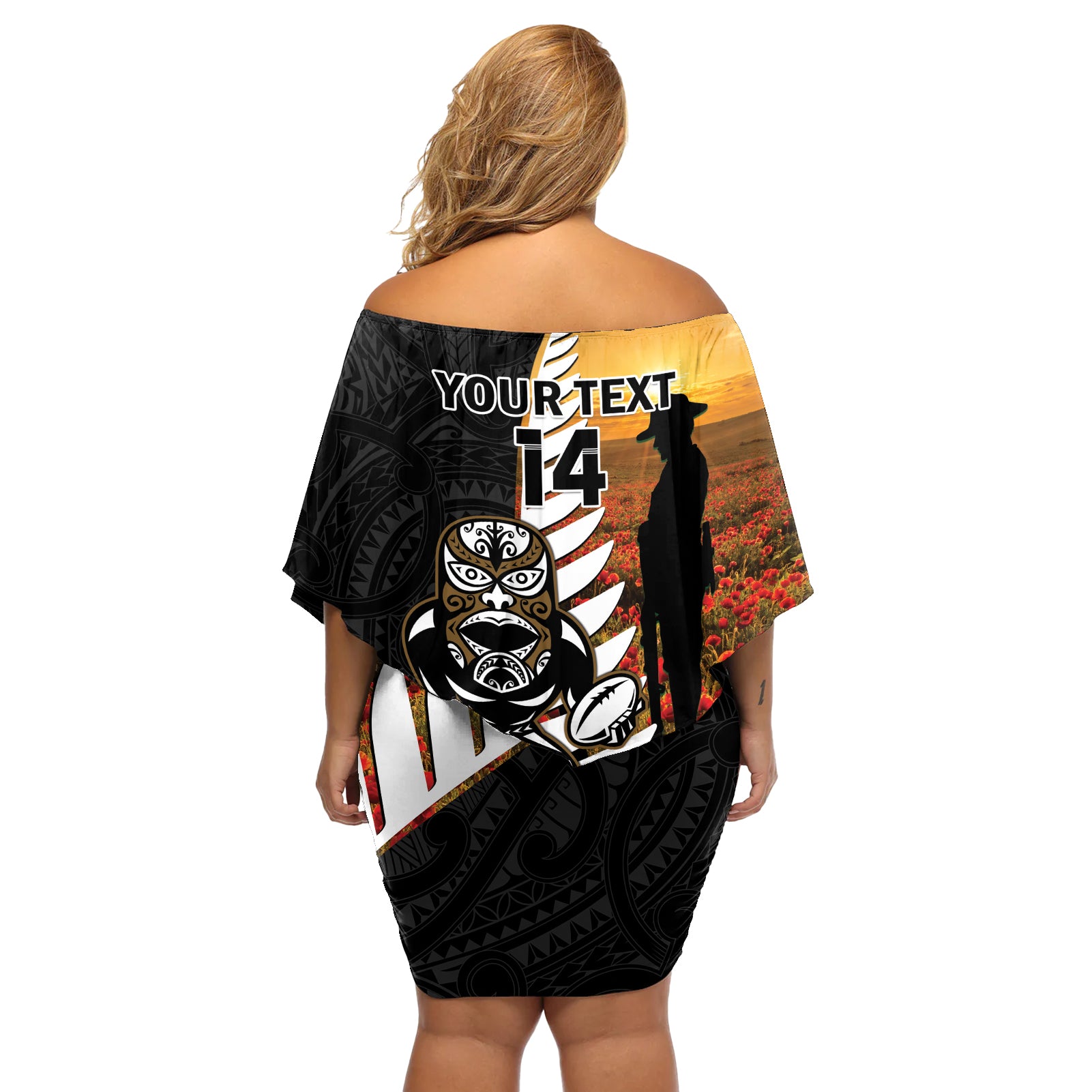 Custom New Zealand Silver Fern Rugby ANZAC Day Off Shoulder Short Dress 2024 All Black Tiki Mascot