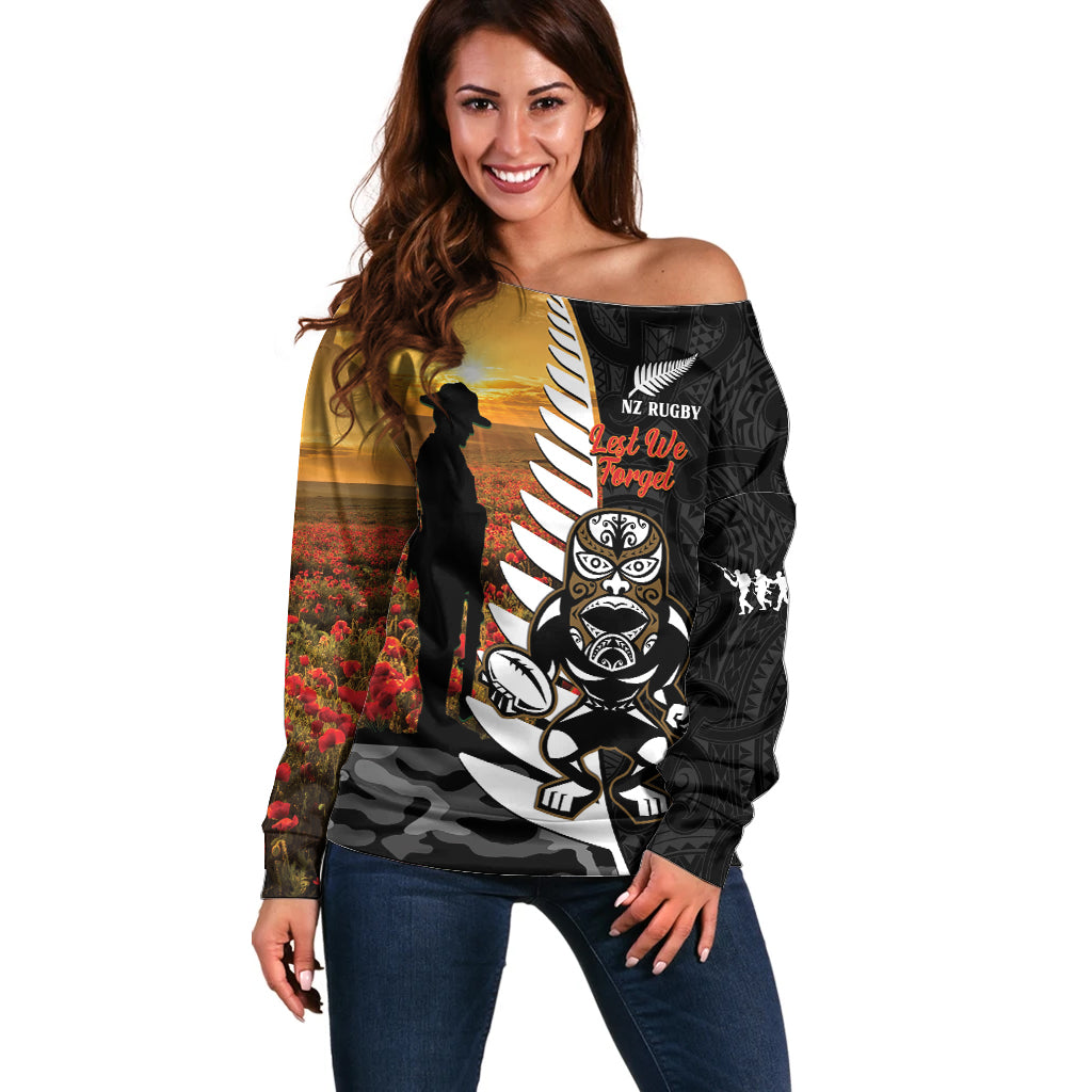Custom New Zealand Silver Fern Rugby ANZAC Day Off Shoulder Sweater 2024 All Black Tiki Mascot - Vibe Hoodie Shop