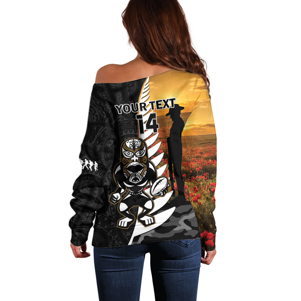 Custom New Zealand Silver Fern Rugby ANZAC Day Off Shoulder Sweater 2024 All Black Tiki Mascot - Vibe Hoodie Shop