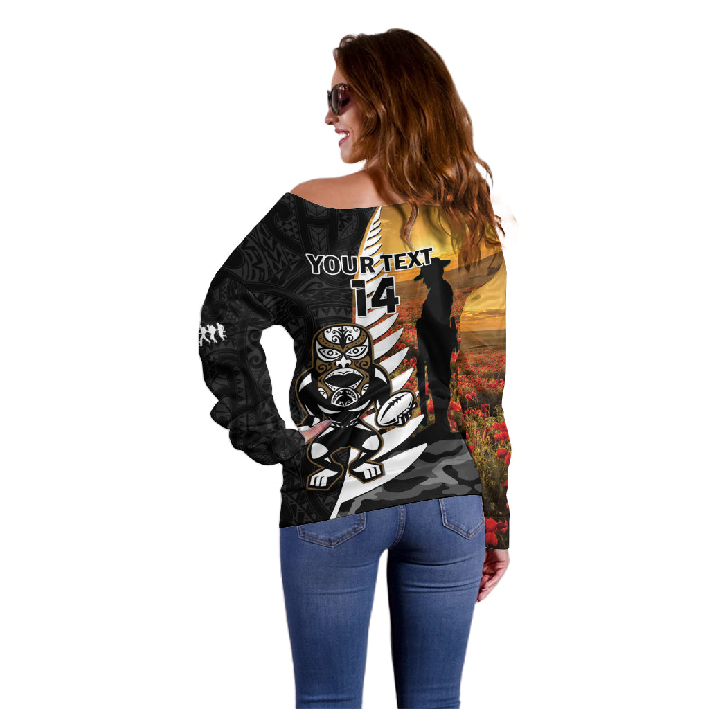 Custom New Zealand Silver Fern Rugby ANZAC Day Off Shoulder Sweater 2024 All Black Tiki Mascot - Vibe Hoodie Shop