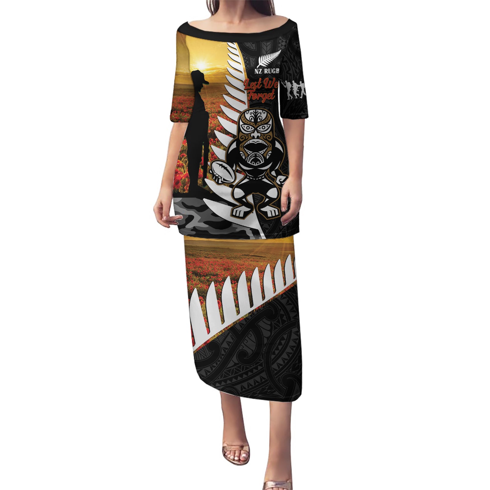 Custom New Zealand Silver Fern Rugby ANZAC Day Puletasi 2024 All Black Tiki Mascot