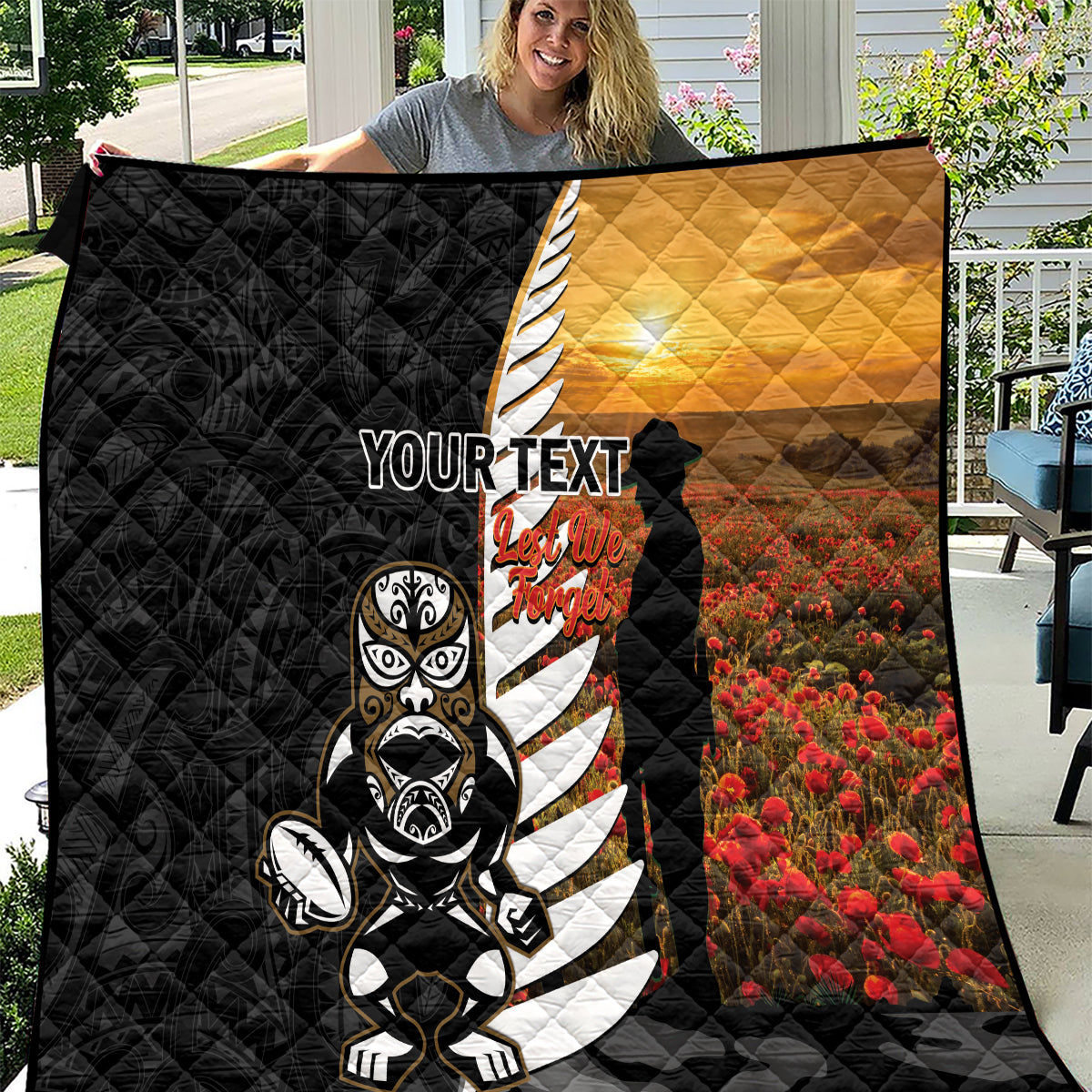 Custom New Zealand Silver Fern Rugby ANZAC Day Quilt 2024 All Black Tiki Mascot - Vibe Hoodie Shop