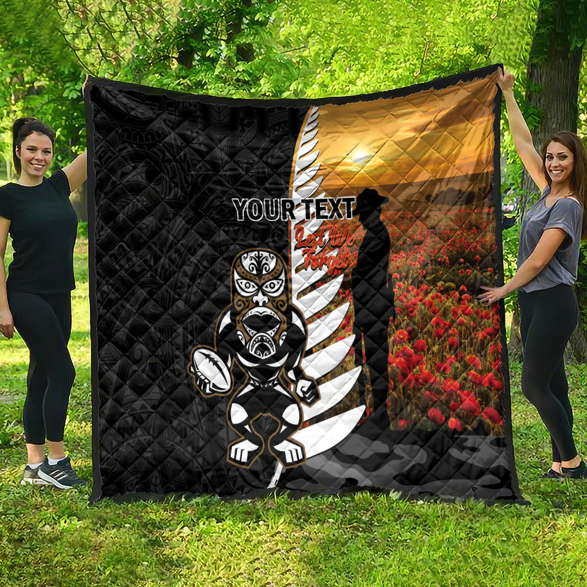 Custom New Zealand Silver Fern Rugby ANZAC Day Quilt 2024 All Black Tiki Mascot - Vibe Hoodie Shop
