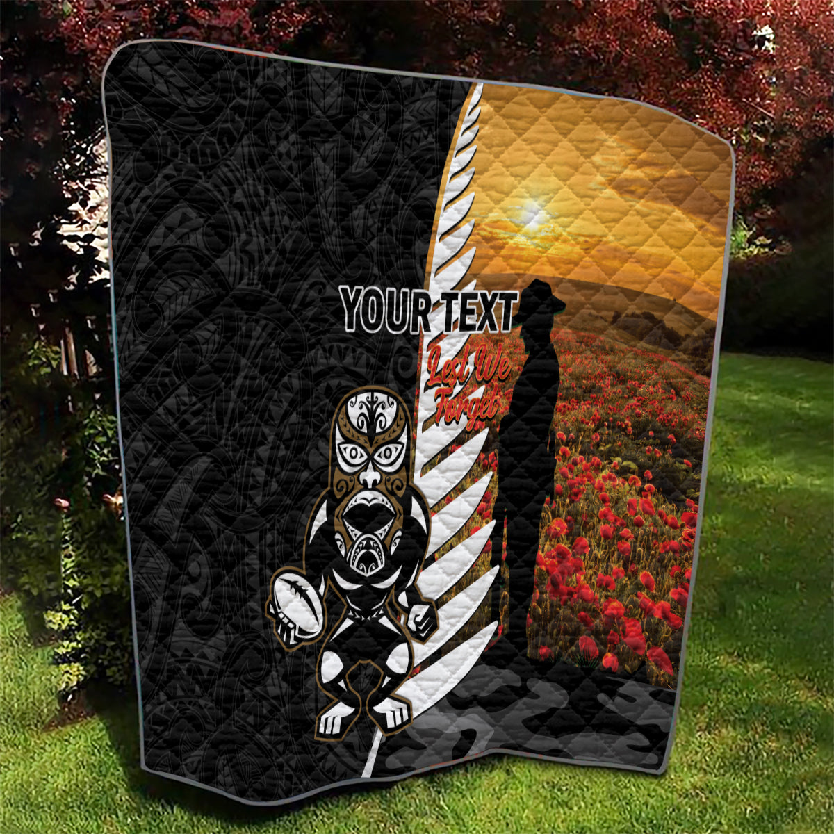 Custom New Zealand Silver Fern Rugby ANZAC Day Quilt 2024 All Black Tiki Mascot - Vibe Hoodie Shop