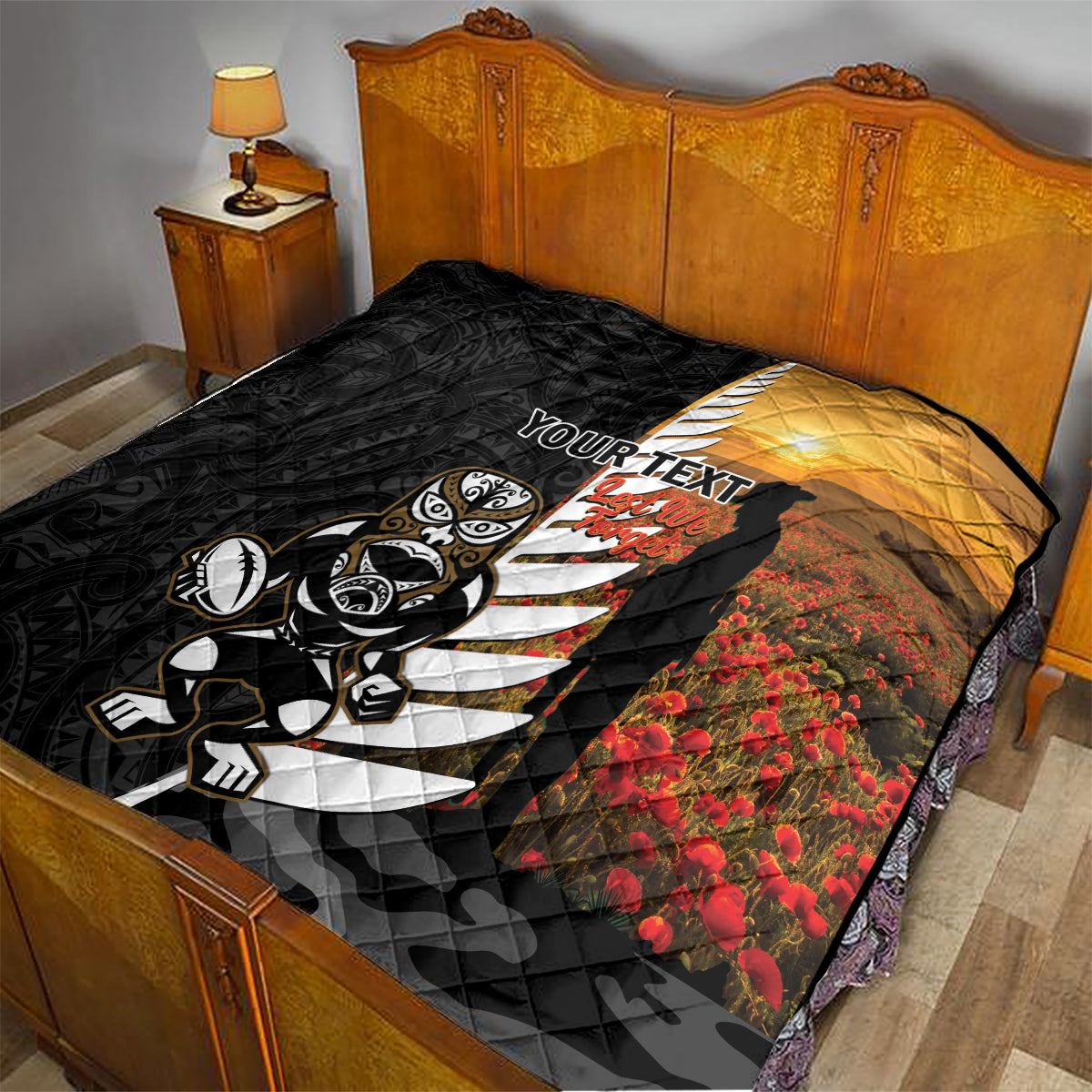 Custom New Zealand Silver Fern Rugby ANZAC Day Quilt 2024 All Black Tiki Mascot - Vibe Hoodie Shop