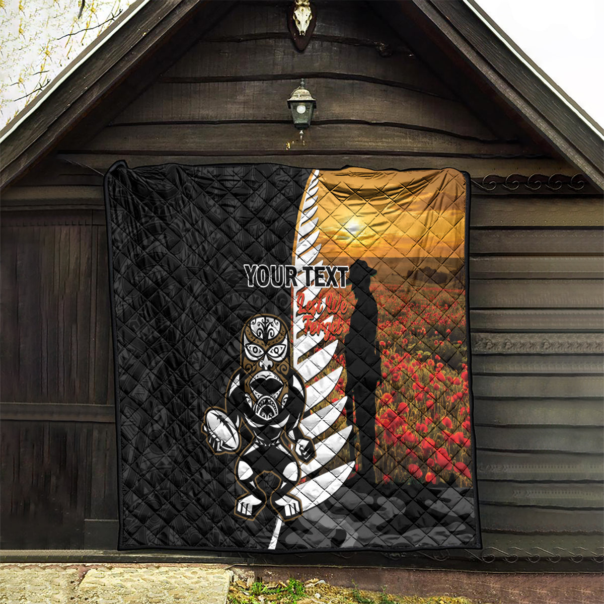 Custom New Zealand Silver Fern Rugby ANZAC Day Quilt 2024 All Black Tiki Mascot - Vibe Hoodie Shop