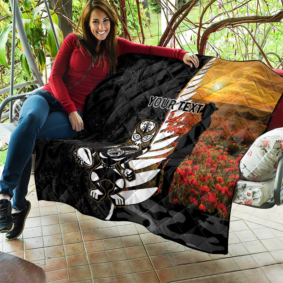Custom New Zealand Silver Fern Rugby ANZAC Day Quilt 2024 All Black Tiki Mascot - Vibe Hoodie Shop