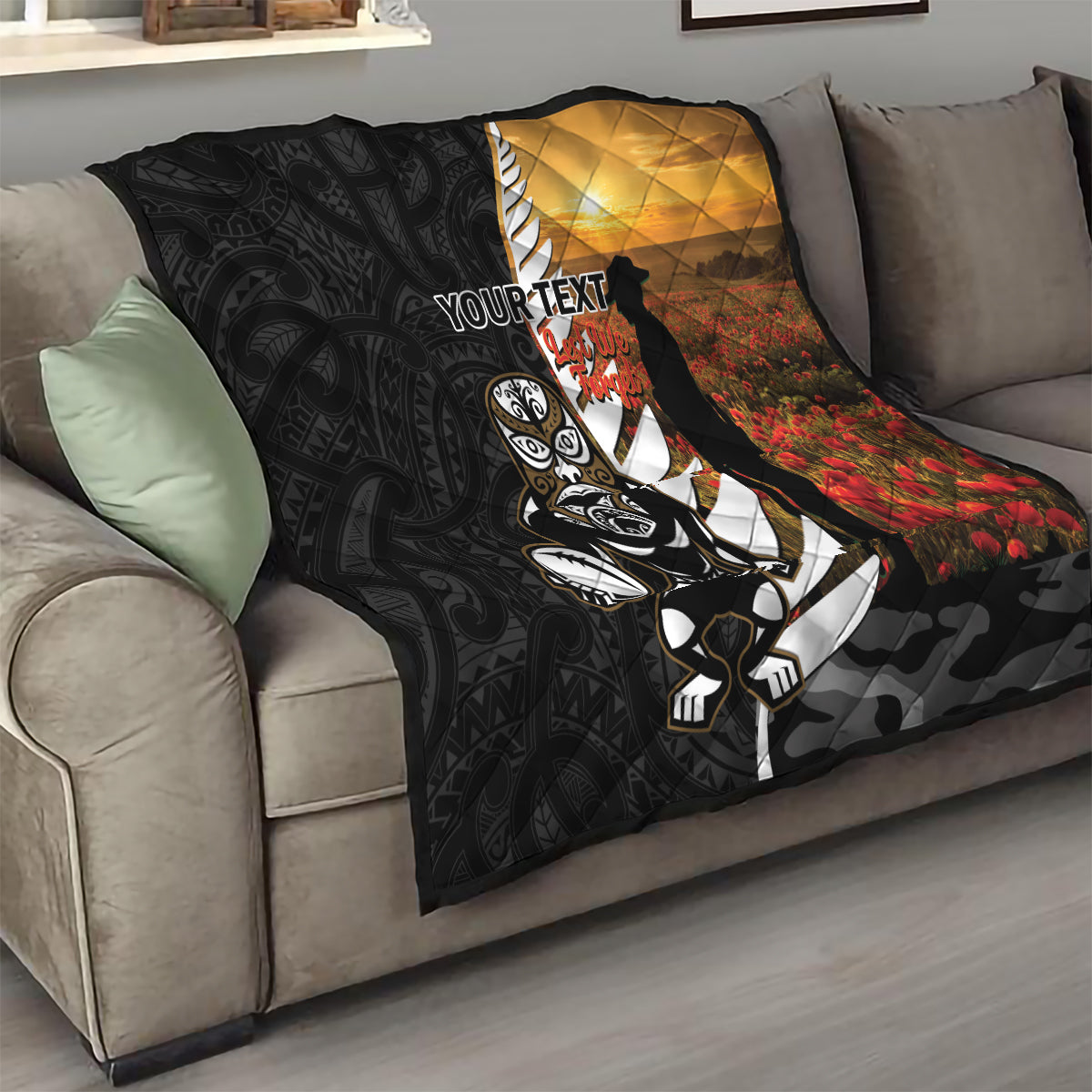 Custom New Zealand Silver Fern Rugby ANZAC Day Quilt 2024 All Black Tiki Mascot - Vibe Hoodie Shop