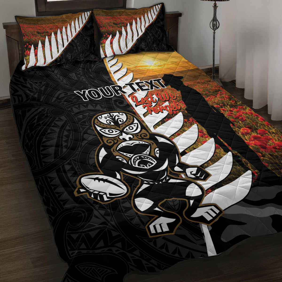 Custom New Zealand Silver Fern Rugby ANZAC Day Quilt Bed Set 2024 All Black Tiki Mascot - Vibe Hoodie Shop