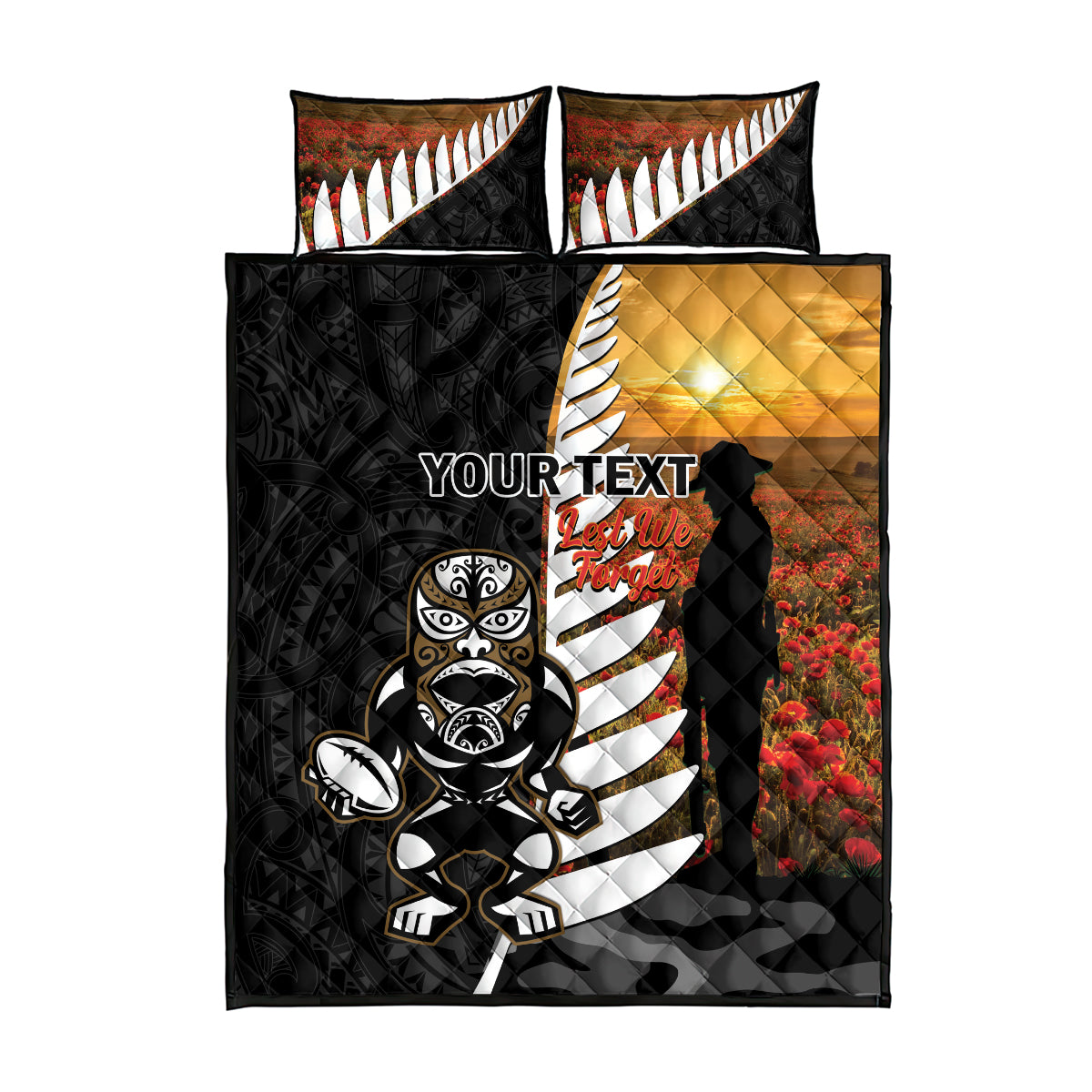 Custom New Zealand Silver Fern Rugby ANZAC Day Quilt Bed Set 2024 All Black Tiki Mascot - Vibe Hoodie Shop