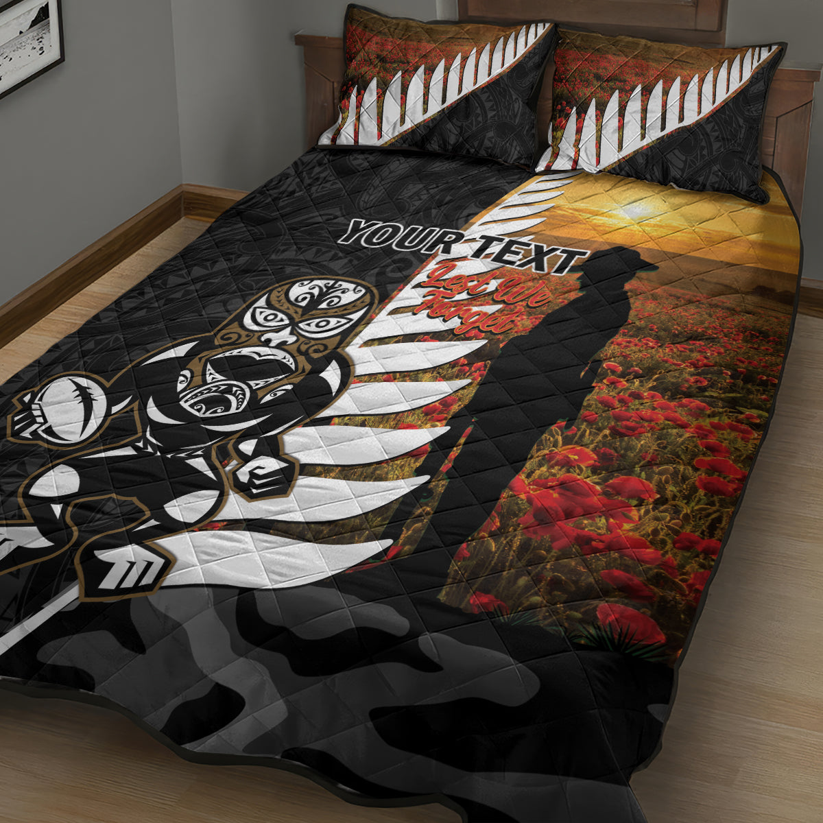 Custom New Zealand Silver Fern Rugby ANZAC Day Quilt Bed Set 2024 All Black Tiki Mascot - Vibe Hoodie Shop