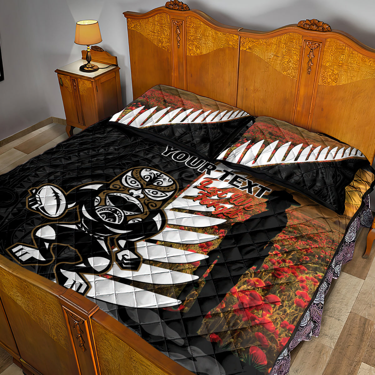 Custom New Zealand Silver Fern Rugby ANZAC Day Quilt Bed Set 2024 All Black Tiki Mascot - Vibe Hoodie Shop