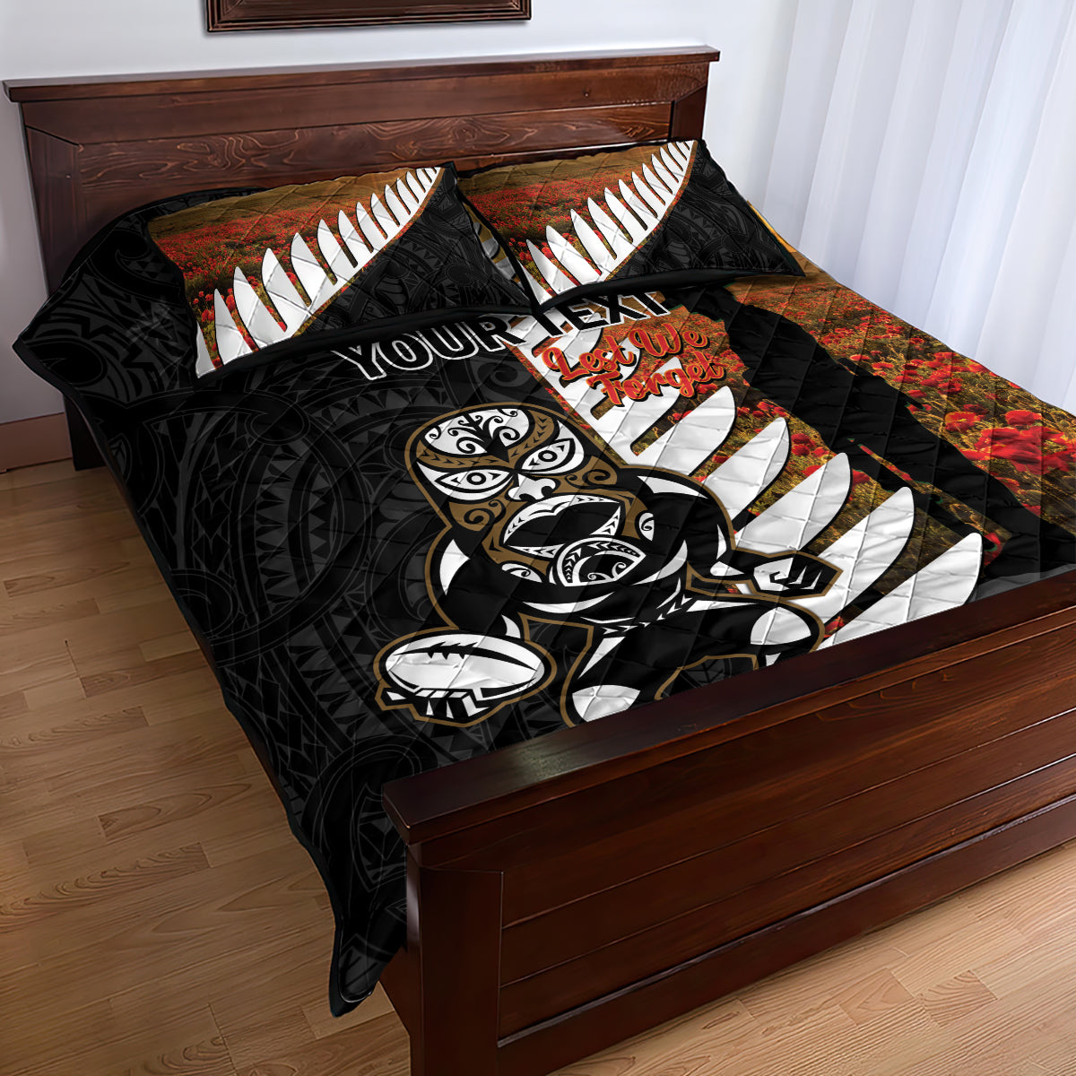 Custom New Zealand Silver Fern Rugby ANZAC Day Quilt Bed Set 2024 All Black Tiki Mascot - Vibe Hoodie Shop