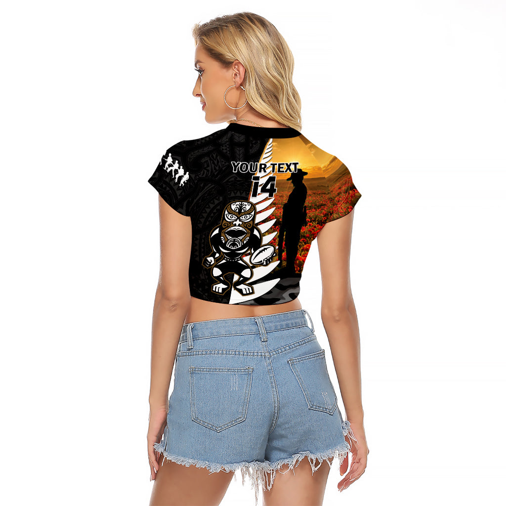 Custom New Zealand Silver Fern Rugby ANZAC Day Raglan Cropped T Shirt 2024 All Black Tiki Mascot - Vibe Hoodie Shop