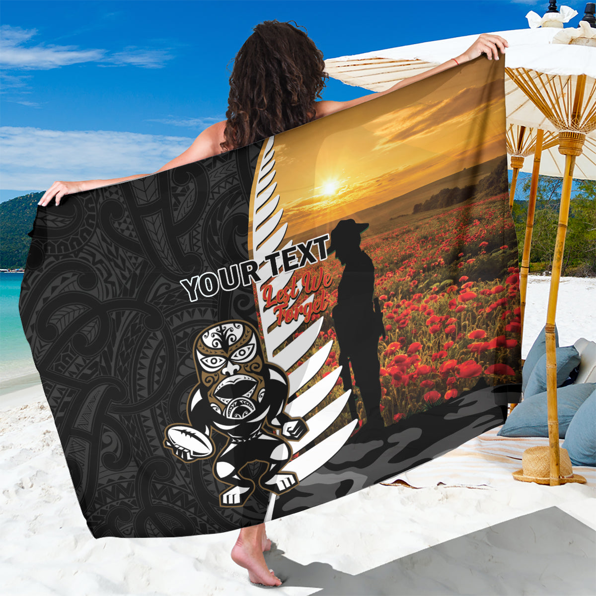 Custom New Zealand Silver Fern Rugby ANZAC Day Sarong 2024 All Black Tiki Mascot - Vibe Hoodie Shop