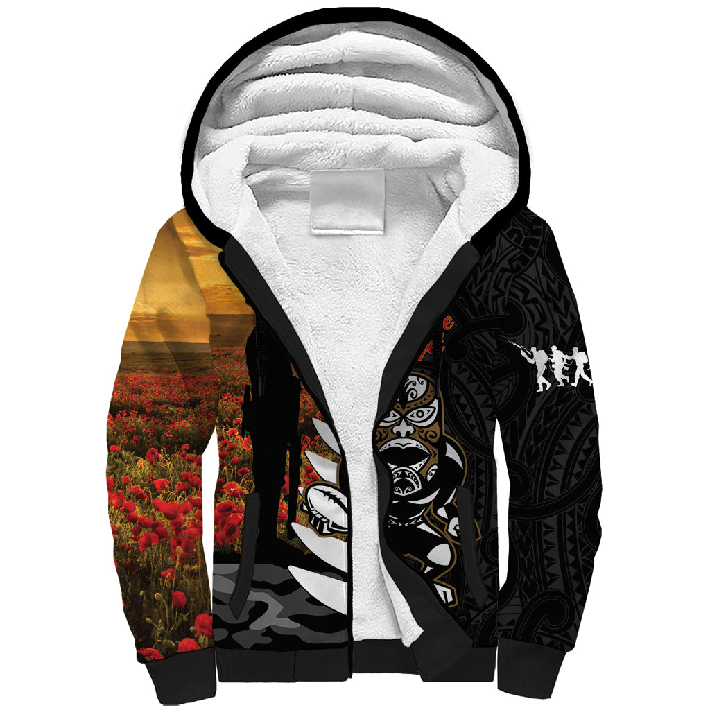 Custom New Zealand Silver Fern Rugby ANZAC Day Sherpa Hoodie 2024 All Black Tiki Mascot - Vibe Hoodie Shop