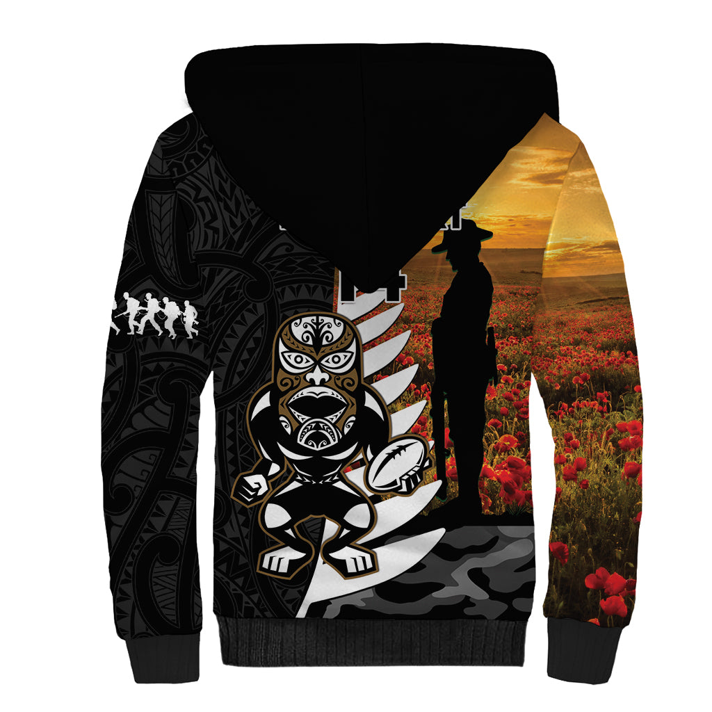 Custom New Zealand Silver Fern Rugby ANZAC Day Sherpa Hoodie 2024 All Black Tiki Mascot - Vibe Hoodie Shop