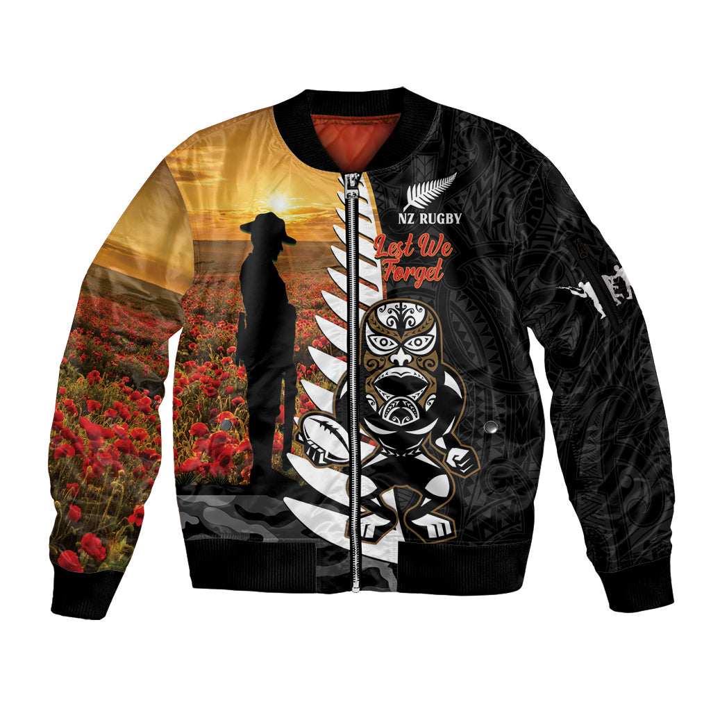 Custom New Zealand Silver Fern Rugby ANZAC Day Sleeve Zip Bomber Jacket 2024 All Black Tiki Mascot